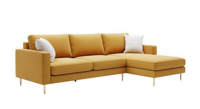 Yellow l shaped sofa with white cushions on transparent background
