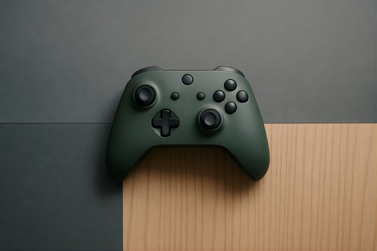 Modern generic video game controller on stylish grey and wood background for gaming concept