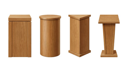 Set of realistic wooden podiums and lectern stands in various shapes isolated on white background © STARONE