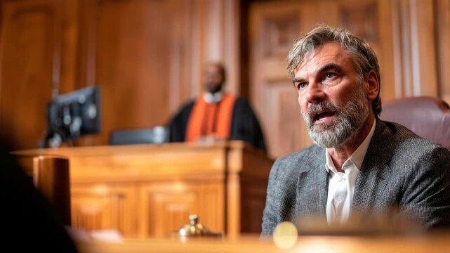 Man sitting in courtroom listening attentively capturing serious atmosphere legal process and formal judicial environment during trial session