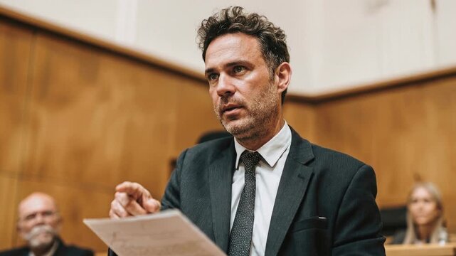Lawyer presenting argument in courtroom holding document capturing legal expertise persuasion and structured debate during judicial process