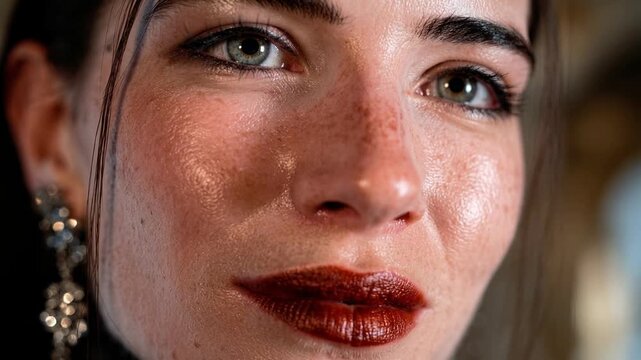 Close portrait of vampire woman with freckles and glossy lips looking confidently at camera capturing beauty fashion aesthetic and natural skin texture in soft studio lighting