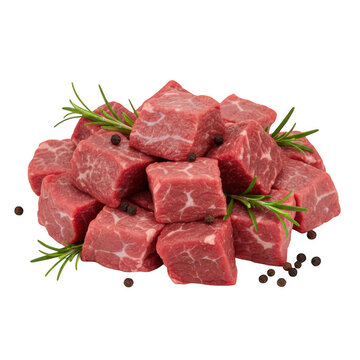 Raw beef cubes with rosemary and peppercorns isolated on a transparent background