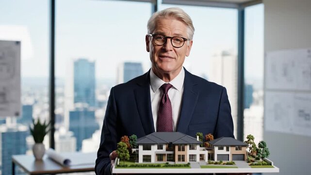 Senior Businessman Presenting Miniature Housing Development Model