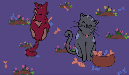 A cute cat with a fish in a container,against a purple background. Suitable for wallpaper,paper,fabric patterns,and decoration. © พัชรินทร์ ไกลถิ่น