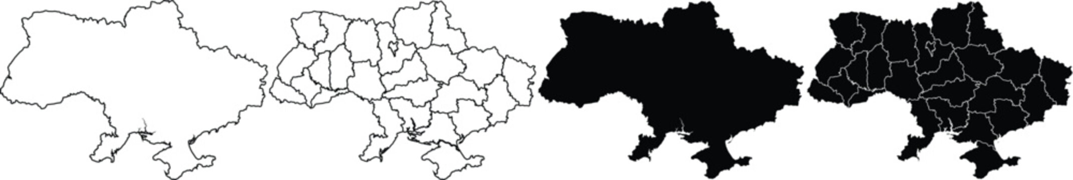 Four variations of ukraine map silhouettes with and without administrative regions borders