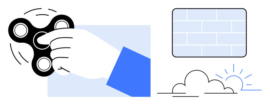 Stress relief, mindfulness, leisure activity, creativity, focus, relaxation. Hand holding a fidget spinner with brick wall and sunrise. Stress relief and mindfulness conceptual