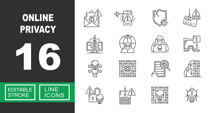 Cyber Security Threats and Online Privacy Protection. Includes Phishing Attack, Malware Trojan, Hacker Activity, Data Breach Alert, Binary Code Security. Editable stroke line icons.