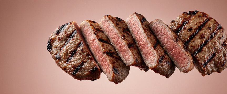 Succulent grilled meat pieces float dynamically