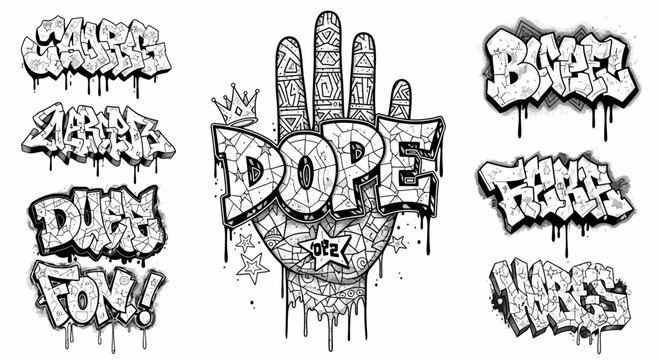 Hand-Drawn Black and White Graffiti Elements Set Including Dope Hand Illustration and Various Urban Style Lettering Tags