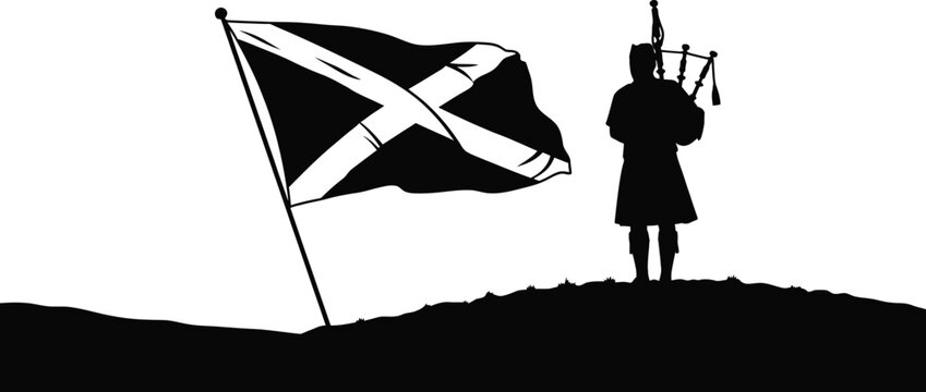 Scottish bagpiper silhouette with saltire flag isolated on transparent background