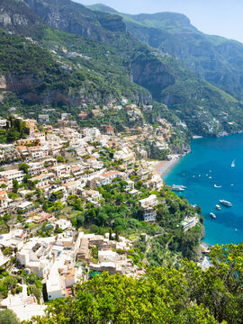 Positano in Amalfi Coast, Campania, Italy. Scenic coastal village with vibrant architecture and azure waters of Mediterranean sea. Welcome to Positano concept photo