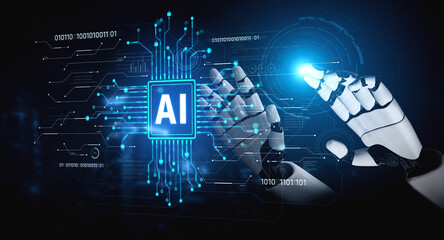Naklejka premium AI brain processes big data with generative AI, LLMs, and machine learning to support business decisions, prompt engineering, and future agentic artificial intelligence systems. spline