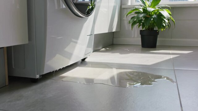 Water dripping near a washing machine and plant. Home maintenance, water damage, leaks, household accidents, plumbing issues, home insurance, appliance repairs.