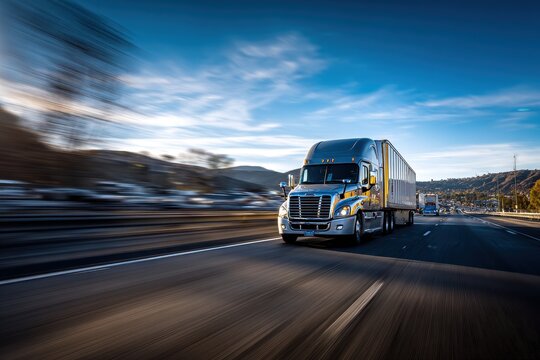 Heavy-duty big rig racing along an interstate, daytime light and speed streaks