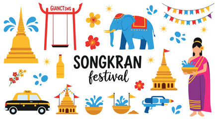 Set of Songkran festival elements, including golden stupas, an elephant, a giant swing, a taxi, flowers, and people celebrating with water, representing traditional Thai New Year. © SADIKUR