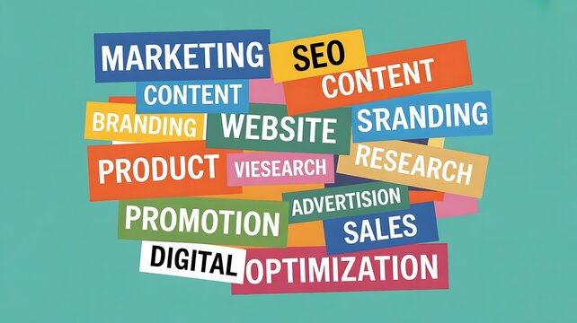 Digital marketing, SEO, and optimization concepts, colorful word cloud, business strategy