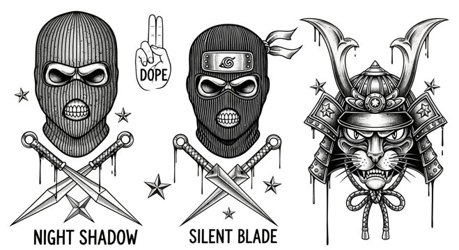 Black and White Graphic Ninja and Samurai Illustrations with Balaclava Characters Kunai Knives and Japanese Warrior Cat