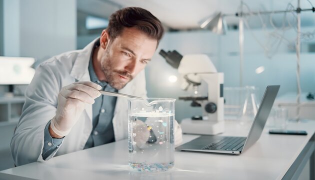 Microplastic Research: An Environmental Scientist Analyzing Contaminated Water Samples in a Modern Laboratory