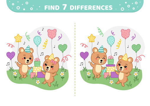 Find 7 differences. Dancing bears. Party. Game for kids. Isolated vector illustration eps 10