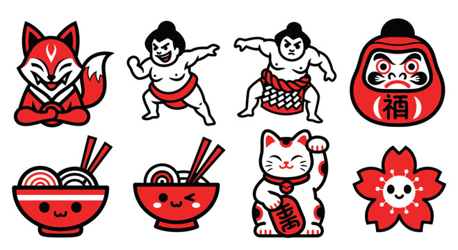 Japanese Culture Vector Icon Set Featuring Sumo Wrestlers Kitsune Fox Maneki-neko Ramen and Daruma Doll Illustrations