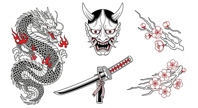 Collection of traditional Japanese tattoo style illustrations featuring a dragon, Hannya mask, katana, and cherry blossoms on white