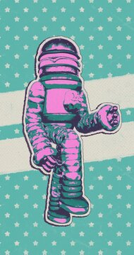 Retro Astronaut Character Walking on Starry Background Pop Art Style