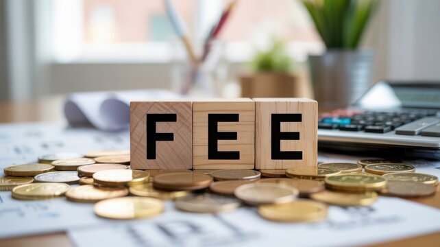 Wooden blocks spelling "FEE" are placed on coins, signifying charges and costs.