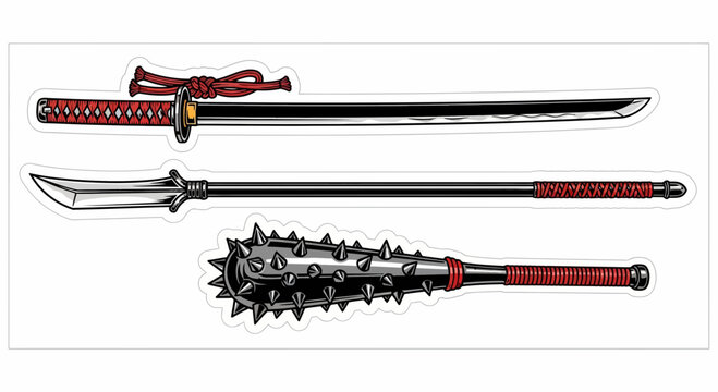 Traditional Japanese Samurai Weapons Set with Katana Sword, Naginata Polearm and Spiked Kanabo Club Illustration on White Background