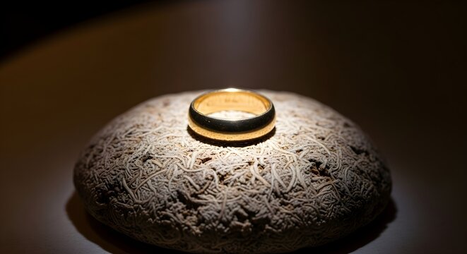 Golden ring on sustainable mycelium bio-packaging material, highlighting eco-friendly luxury and natural design solutions