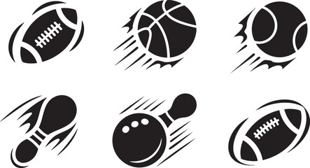 Sports Ball Action Silhouette Set with Flying Football Basketball and Bowling Ball Symbols © rofikgraph24