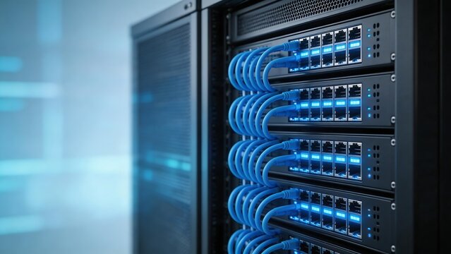 Server rack with blue network cables