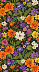 Obraz premium Vibrant repeating floral pattern with orange purple and white daisies on green leaves daisy flowers