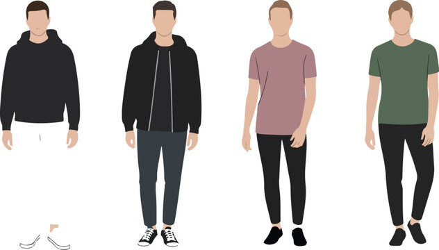 Minimalist flat fashion illustration set of four male outfit designs featuring casual streetwear clothing arranged in horizontal lineup