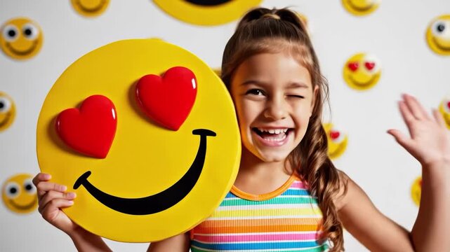 Smiling girl holding a heart eyes emoji sign in a colorful outfit