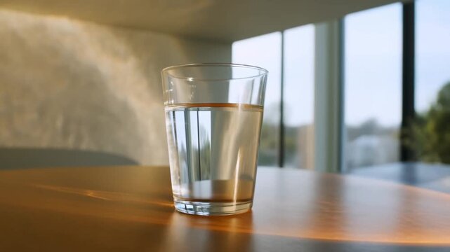 Timelapse of a glass of water on a table by a window, the sun moving across the sky causing the glass to act as a lens, making bright dancing specks of light, concept of playful refracted light