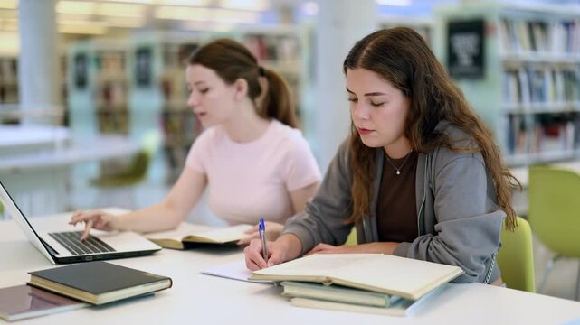 Female student works on laptop in library and talks with female friend. Studying, using additional online sources of information, searching for information on Internet.