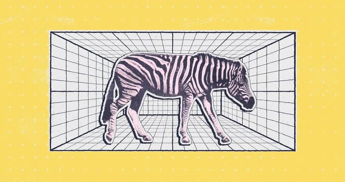 Zebra in Virtual Wireframe Room Retro Synthwave Aesthetic Illustration