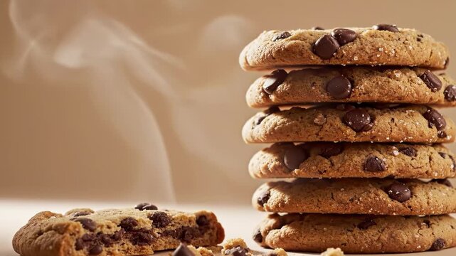 Stack of chocolate chip cookies on a table with a broken cookie