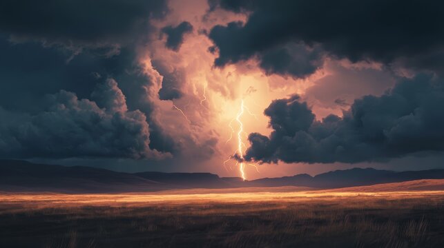 Close-up of lightning flashing over a vast open plain, with dramatic shadows cast by dark clouds .