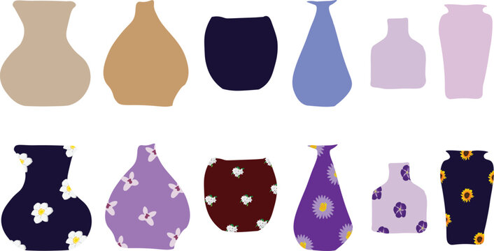 Set of Minimal Decorative Vases with Floral Patterns and Modern Shapes. A stylized set of decorative vases featuring a range of modern shapes and floral pattern designs. A stylized
