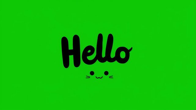 Hello text on empty green screen background. Cute hello animation chroma key. Black letters cartoon. Smooth text animation with the word "hello."