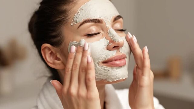 Woman applying facial mask in bathroom with closed eyes