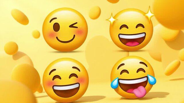 Multiple happy emojis on yellow background with floating elements