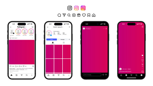 Instagram template app screens on Apple Iphone mockup set. Realistic Instagram interface on smartphone: profile, post, message, shop, icons set. Editable text and blank frames. Editorial Vector.