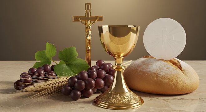 Still life depicting eucharistic elements a golden chalice bread grapes and a paten for religious observance