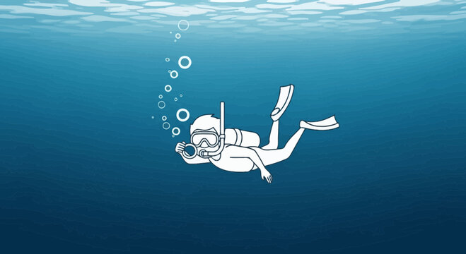 A Stylized Diver Ascends Through Deep Blue Waters With Bubbles