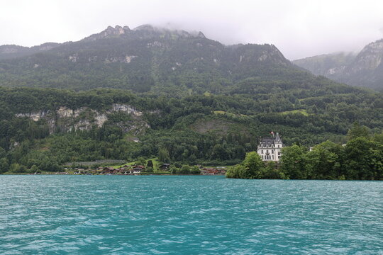 View of the municipality of Iseltwald on Lake Brienz in the canton of Bern, Switzerland 