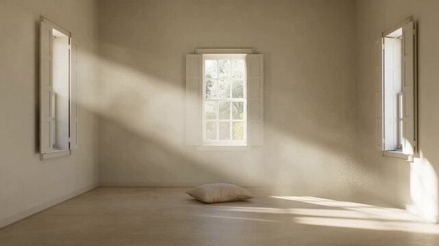 Nearly empty bright room, thick visible beams of afternoon sunlight piercing through half-closed shutters, illuminating millions of dust motes dancing in the air, concept of tangible light and stillne