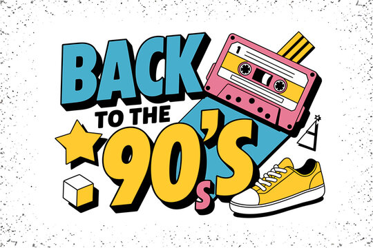 Retro 90s graphic design with cassette tape sneaker star and cubic shapes evoking nostalgia for the decade